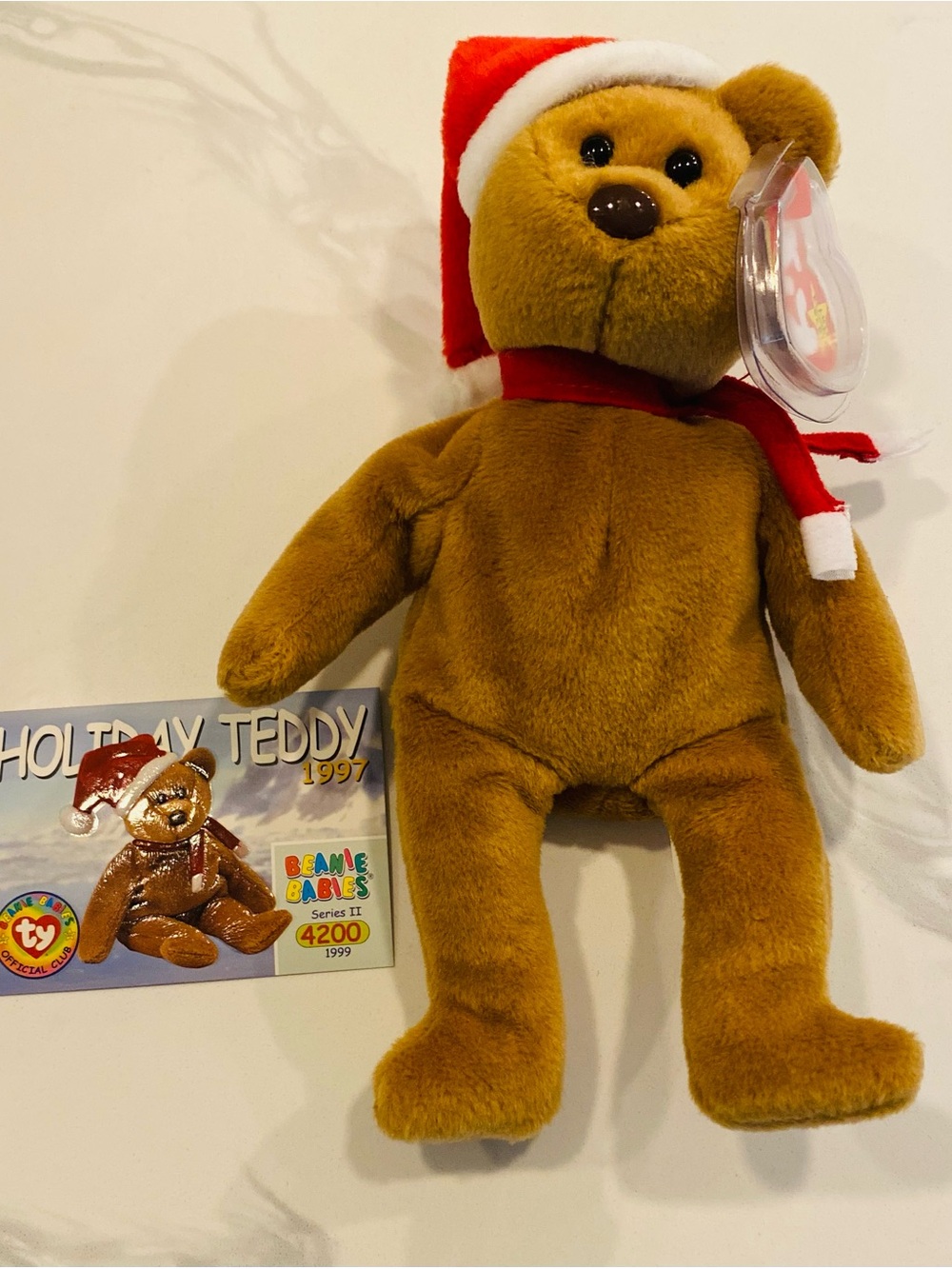 Ty Holiday Teddy Plush Bear - Brown with Red & White Hat and Red Scarf